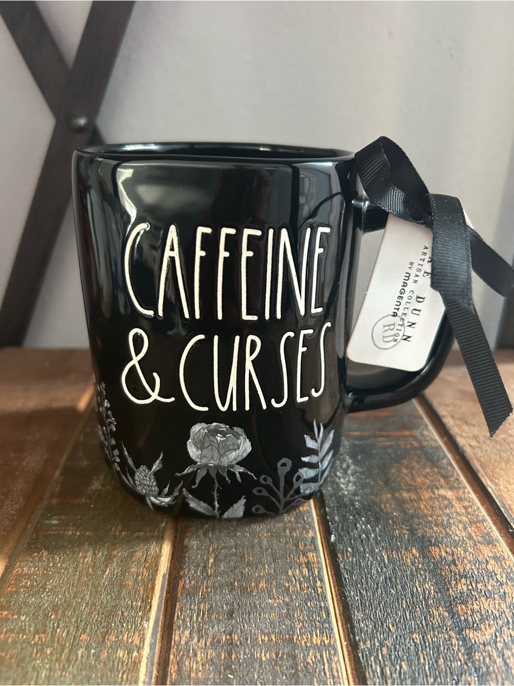 Rae Dunn Caffeine & Curses Black And White Mug Floral And Moon New